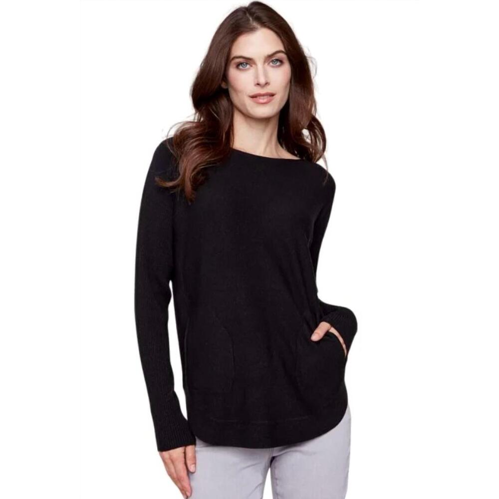 NEW CHARLIE B plushy knit sweater with front pockets in black